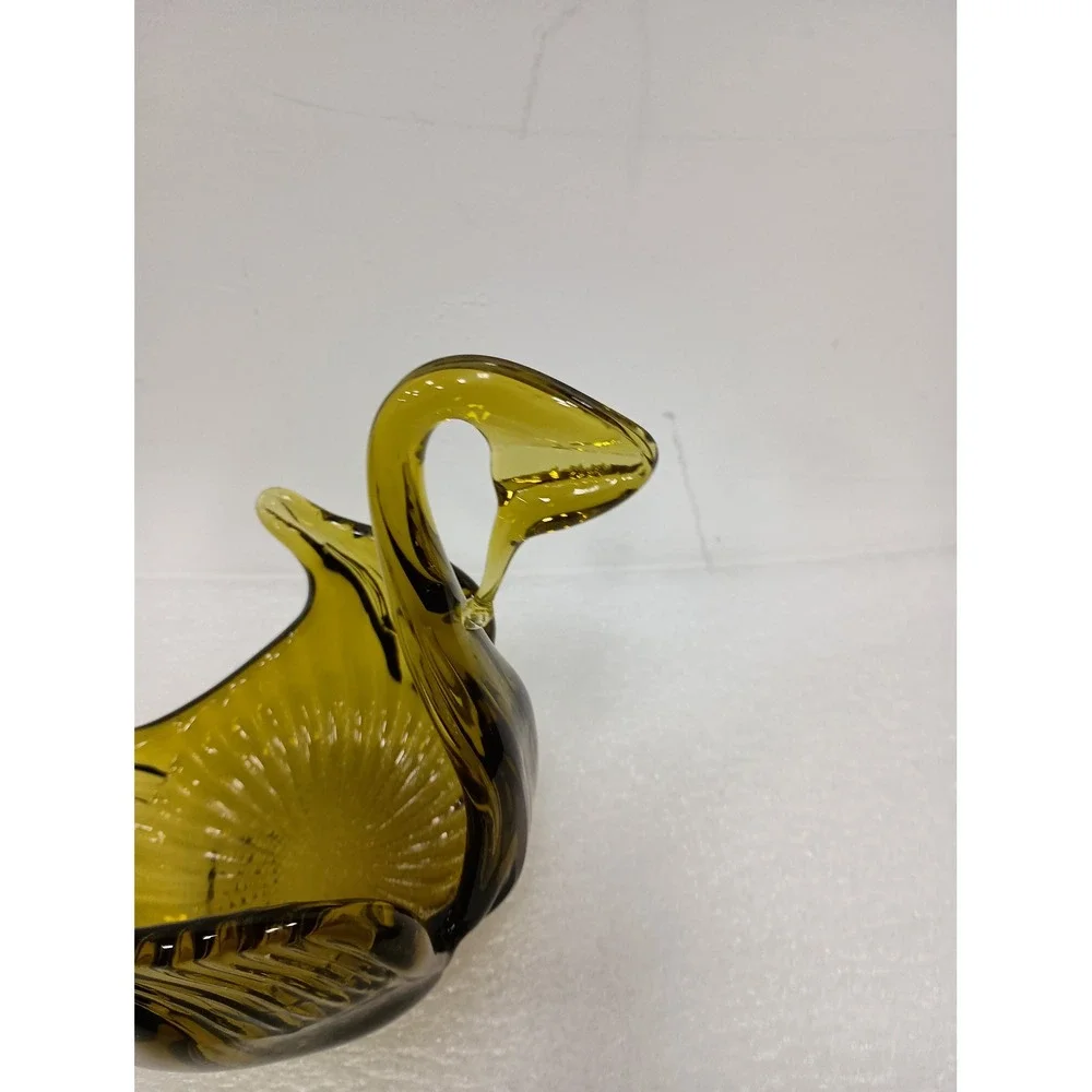 Vintage Olive Green Art Glass Swan Bowl MCM Decor Ribbed Candy Dish